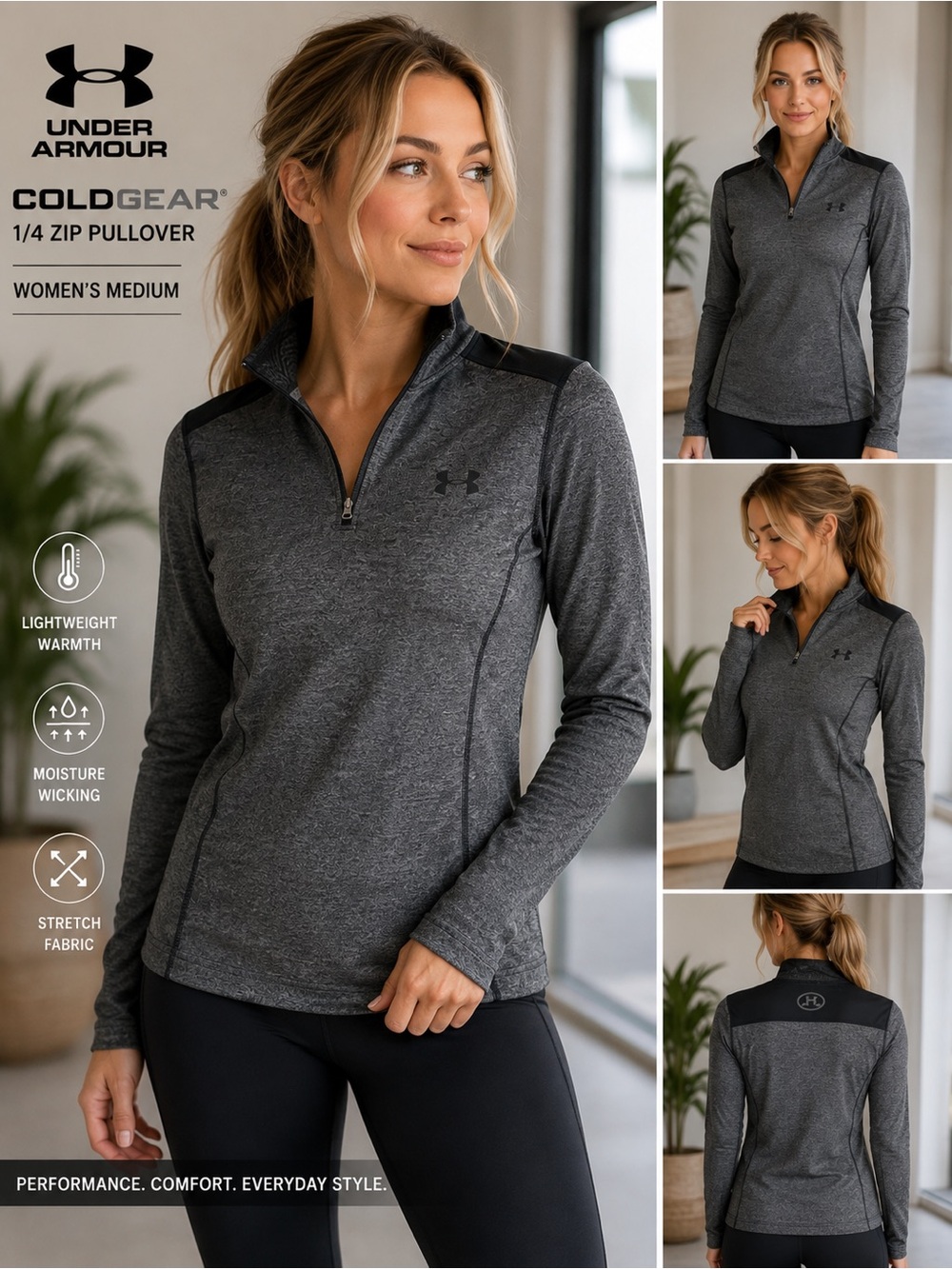 Under Armour ColdGear 1/4 Zip Pullover Gray Fitted Performance Top M
